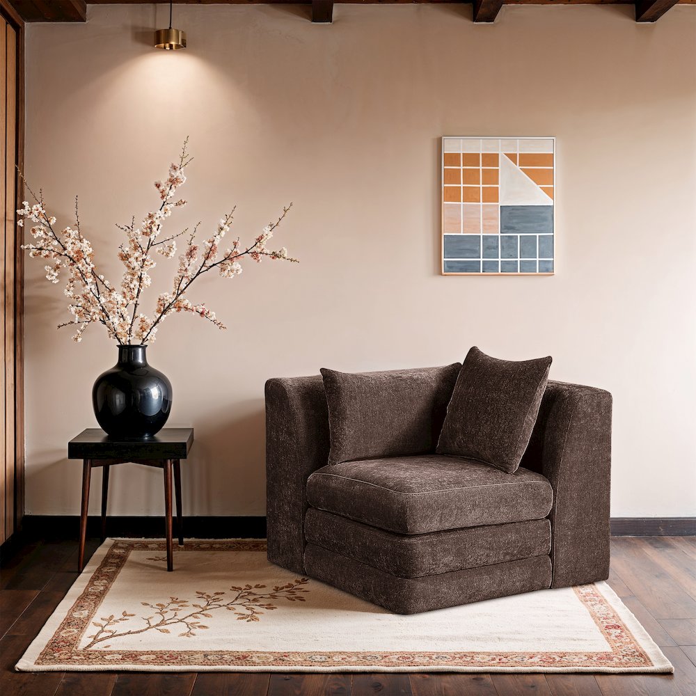 Stellar Brown Chenille Fabric Upholstered Modular Corner Chair. Picture 7