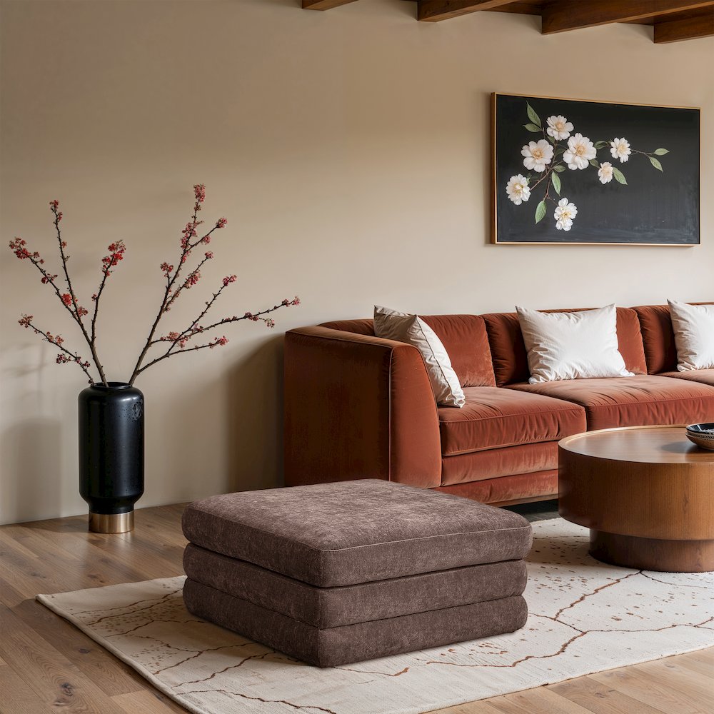 Stellar Brown Chenille Fabric Upholstered Modular Modular Ottoman. Picture 5