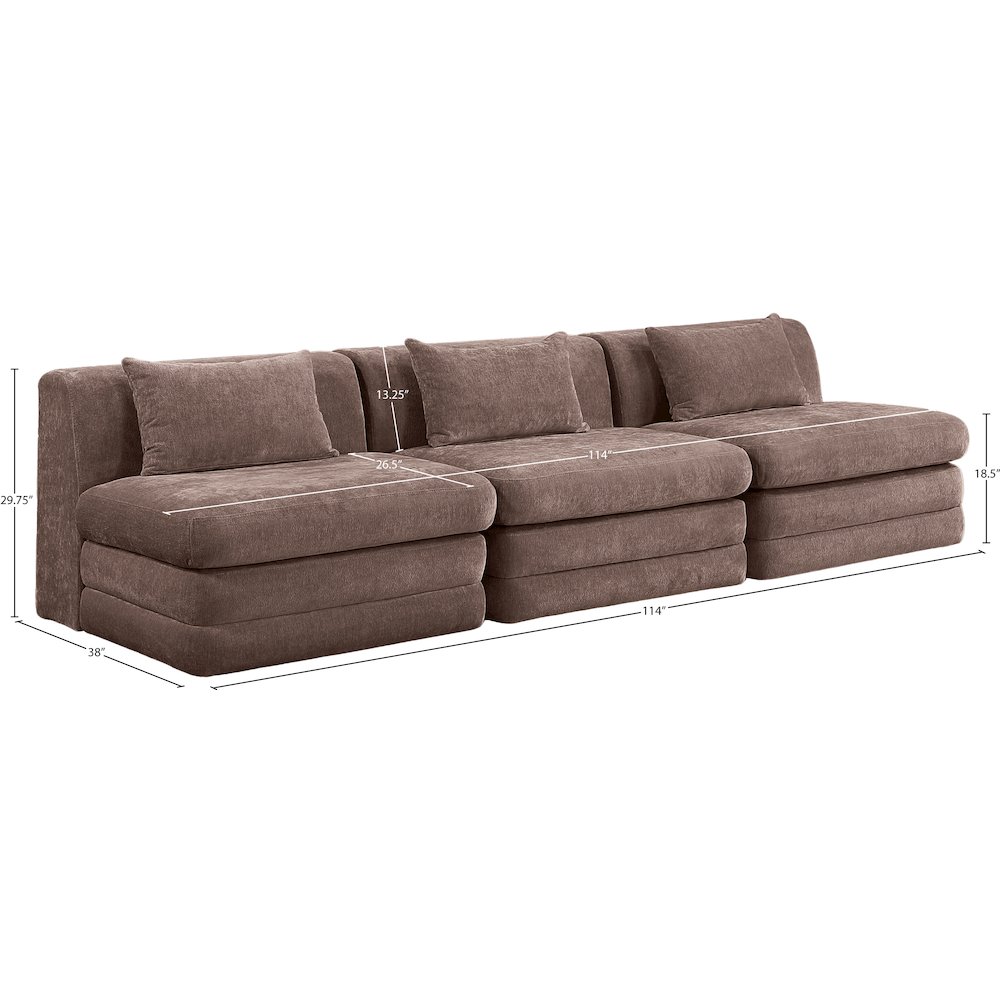 Stellar 114" Brown Chenille Fabric Upholstered 3pc. Modular Sofa. Picture 6