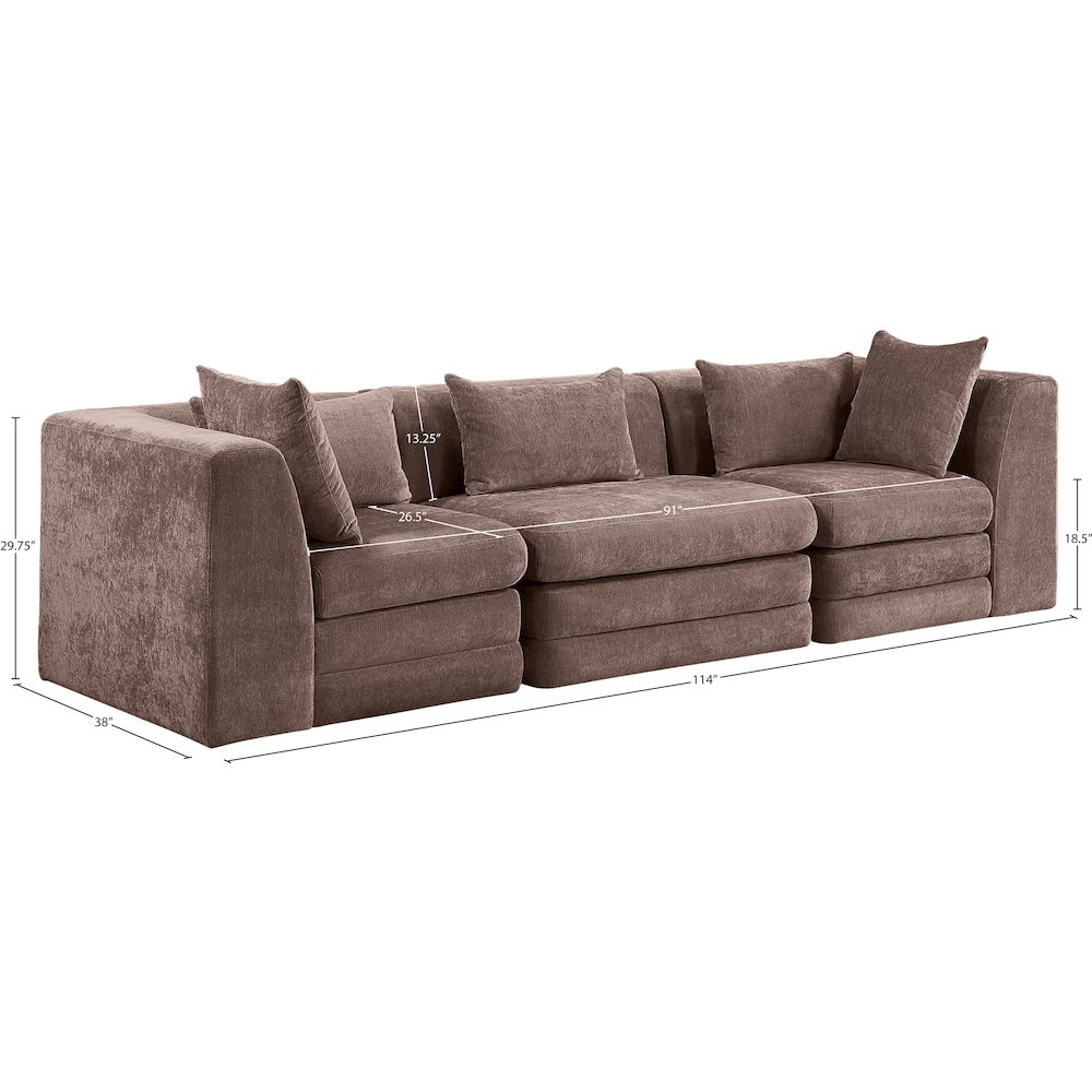 Stellar 114" Brown Chenille Fabric Upholstered 3pc. Modular Sofa. Picture 6
