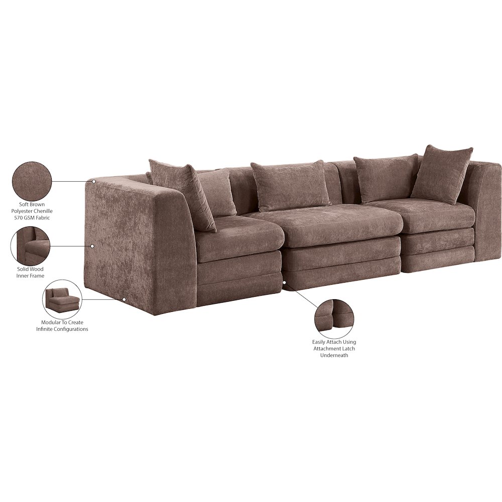 Stellar 114" Brown Chenille Fabric Upholstered 3pc. Modular Sofa. Picture 9