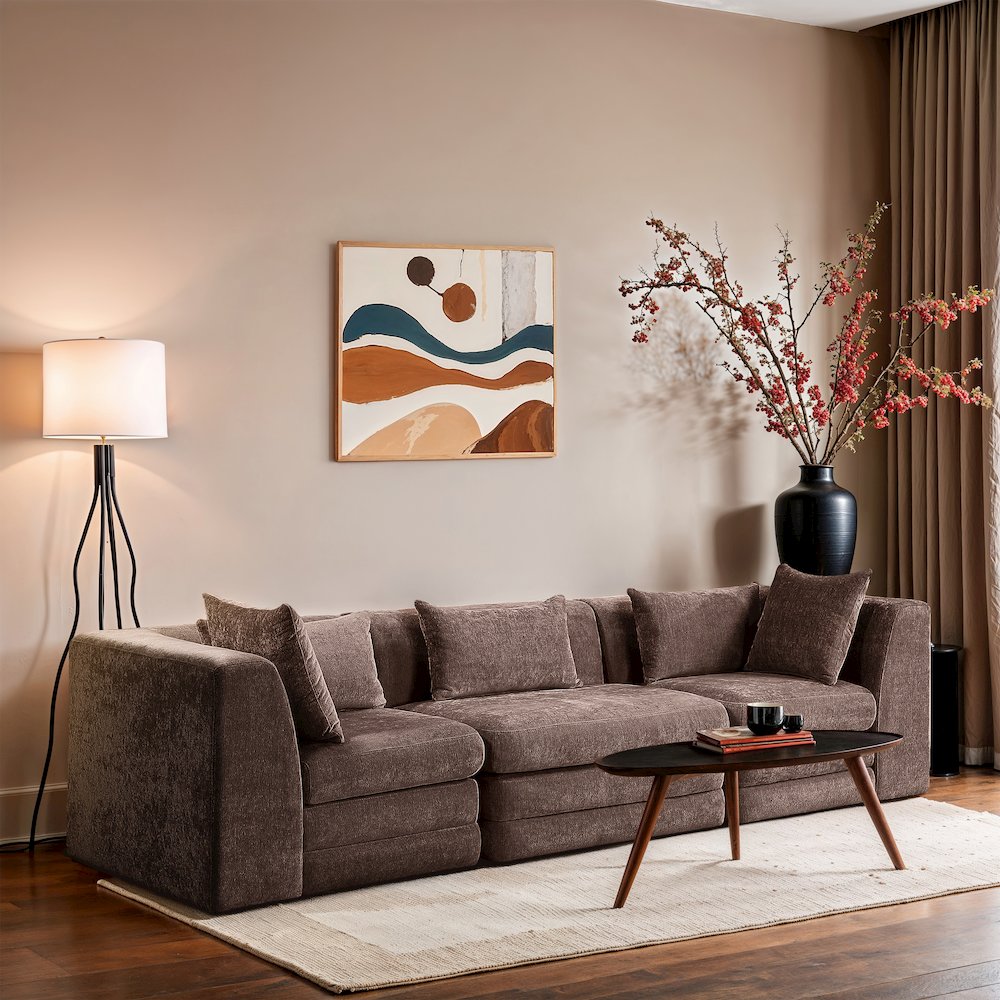 Stellar 114" Brown Chenille Fabric Upholstered 3pc. Modular Sofa. Picture 7