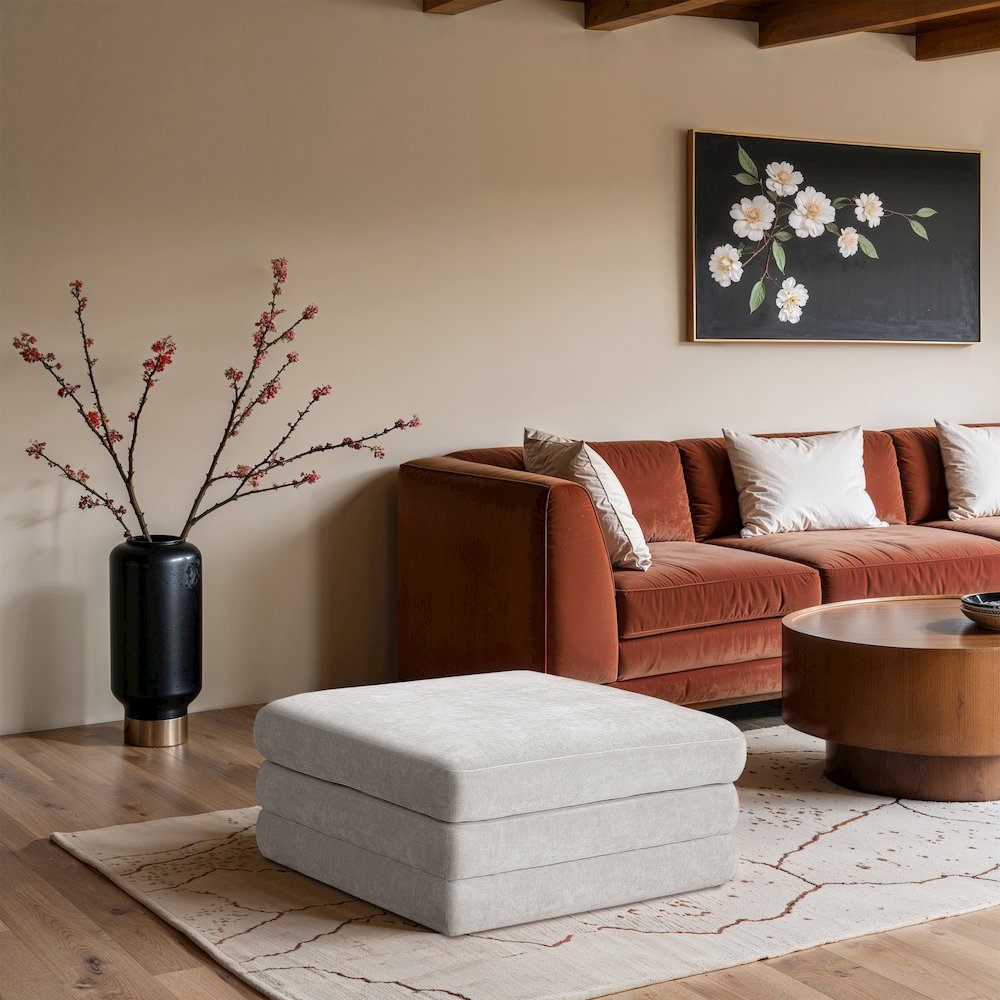 Stellar Cream Chenille Fabric Upholstered Modular Ottoman. Picture 5