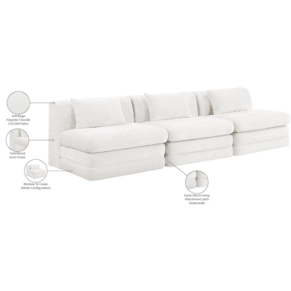 Stellar 114" Cream Chenille Fabric Upholstered 3pc. Modular Sofa. Picture 9
