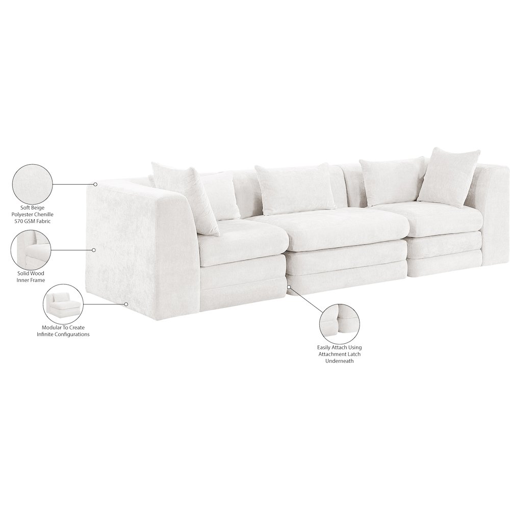 Stellar 114" Cream Chenille Fabric Upholstered 3pc. Modular Sofa. Picture 9