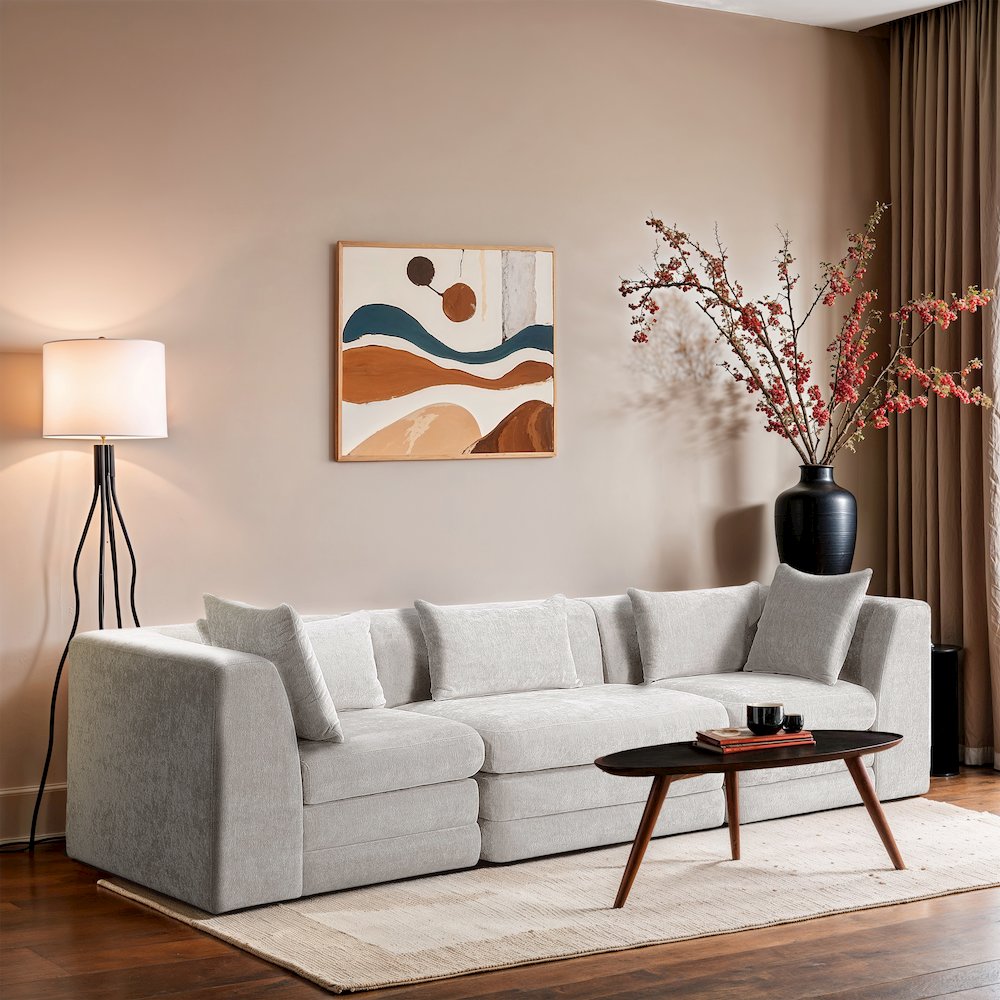 Stellar 114" Cream Chenille Fabric Upholstered 3pc. Modular Sofa. Picture 7