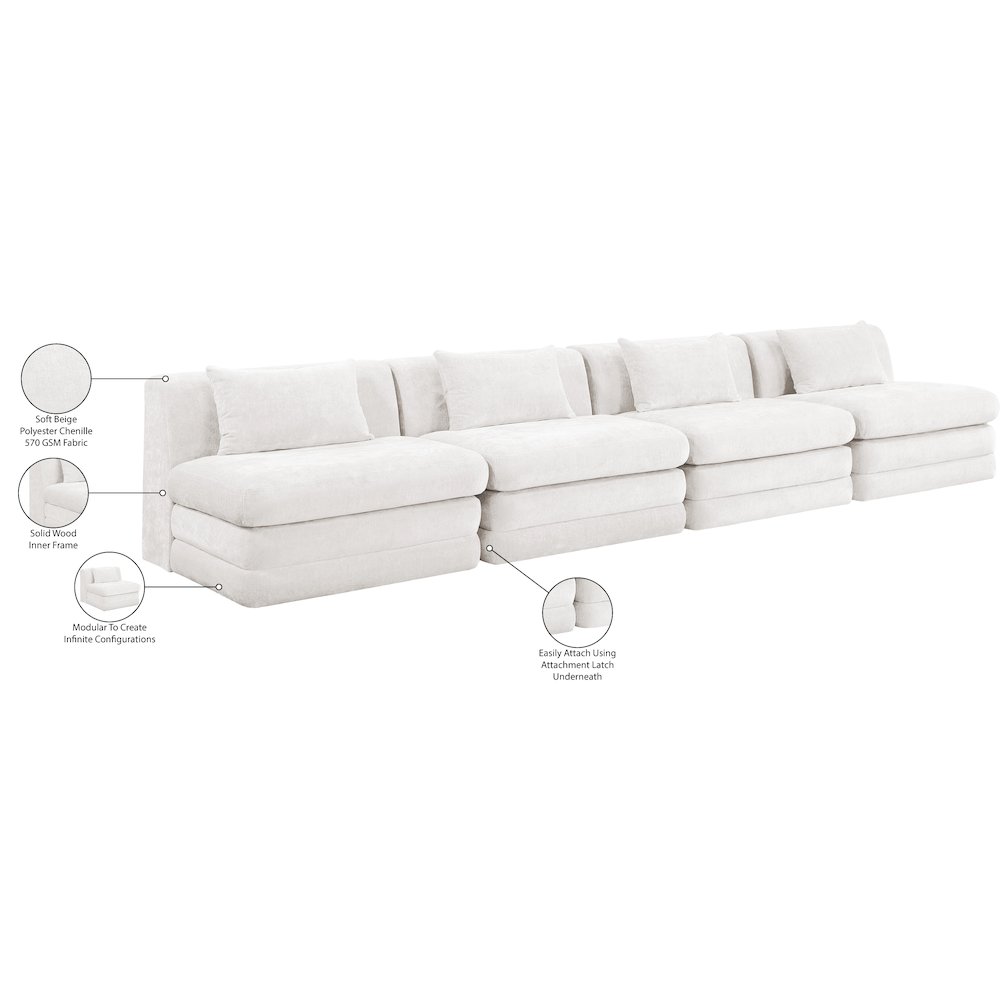 Stellar 152" Cream Chenille Fabric Upholstered 4pc. Modular Sofa. Picture 9