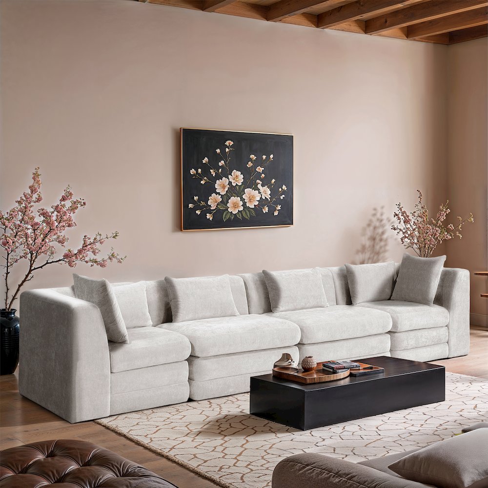 Stellar 152" Cream Chenille Fabric Upholstered 4pc. Modular Sofa. Picture 7