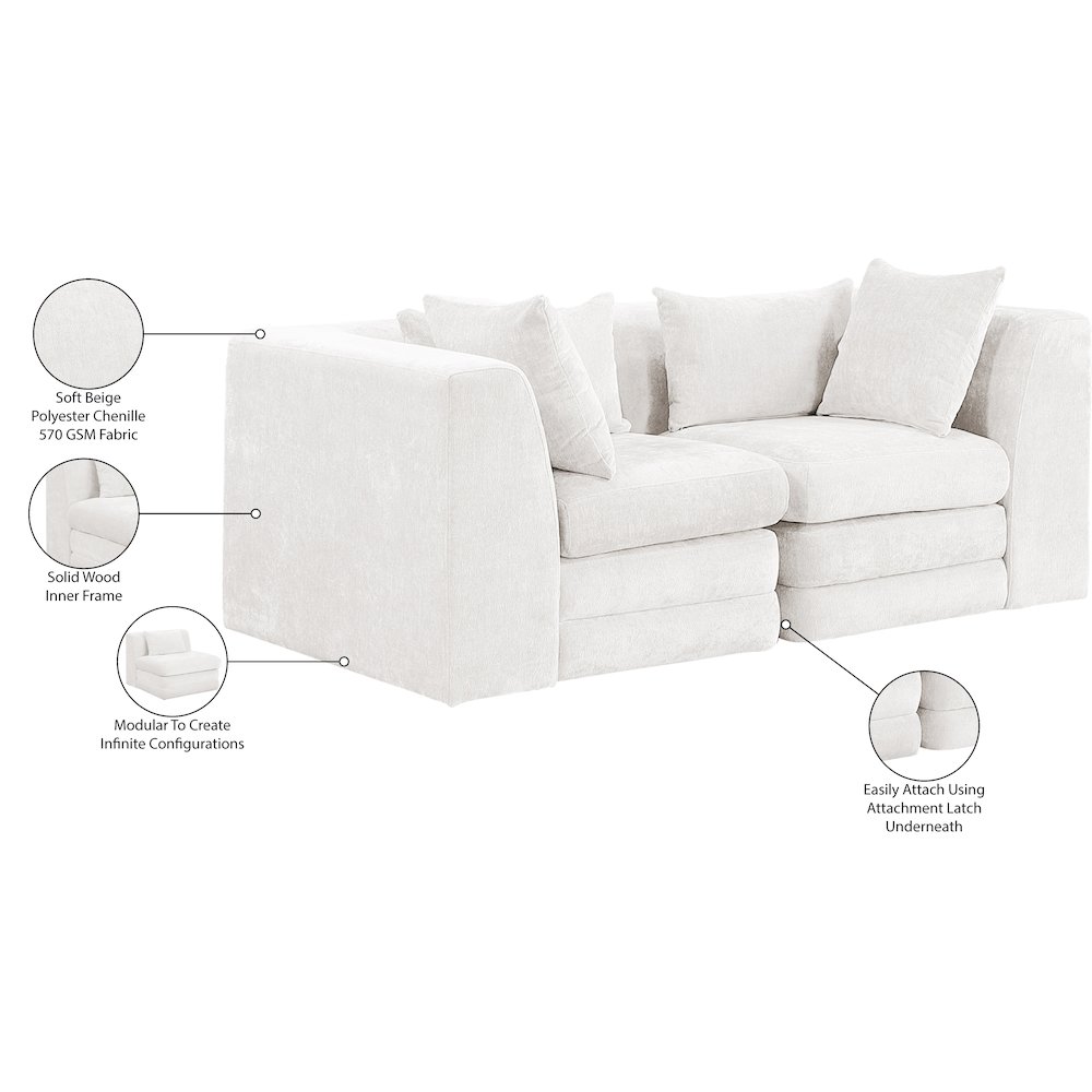 Stellar 76" Cream Chenille Fabric Upholstered 2pc. Modular Loveseat. Picture 9