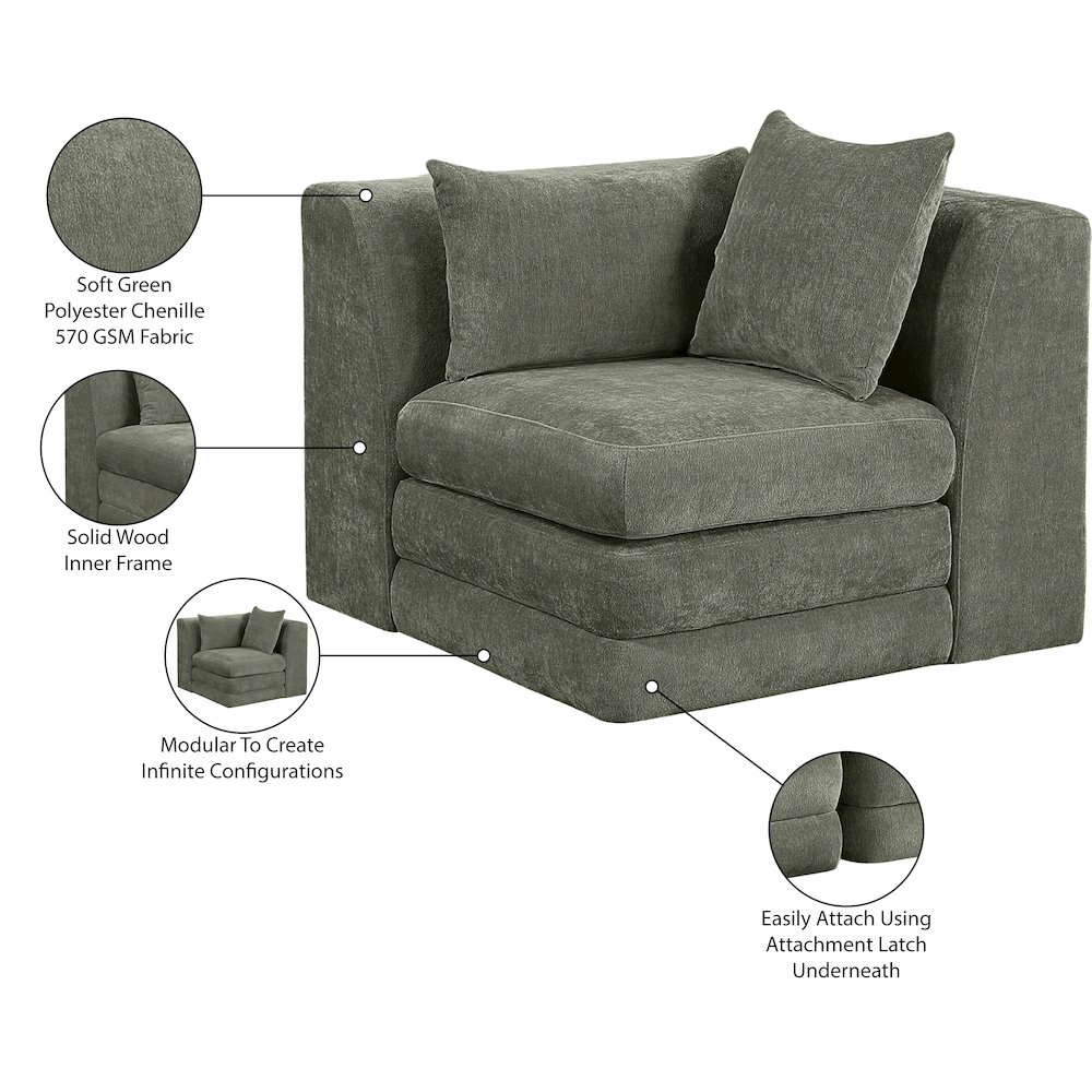 Stellar Green Chenille Fabric Upholstered Modular Corner Chair. Picture 6