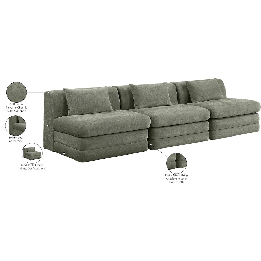 Stellar 114" Green Chenille Fabric Upholstered 3pc. Modular Sofa. Picture 9