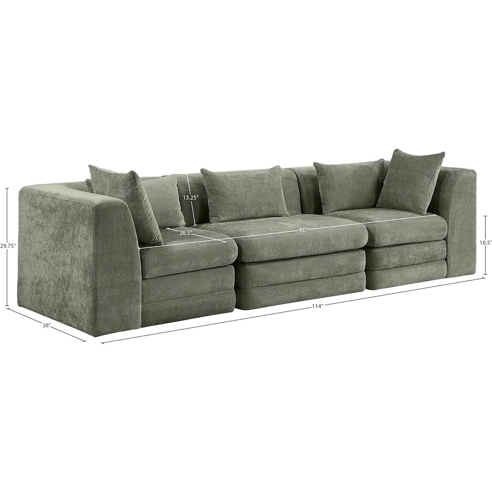 Stellar 114" Green Chenille Fabric Upholstered 3pc. Modular Sofa. Picture 6