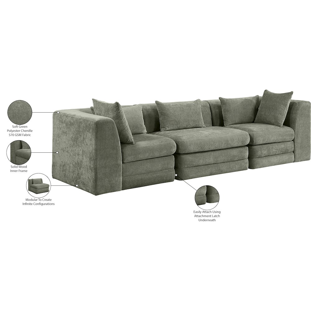 Stellar 114" Green Chenille Fabric Upholstered 3pc. Modular Sofa. Picture 9