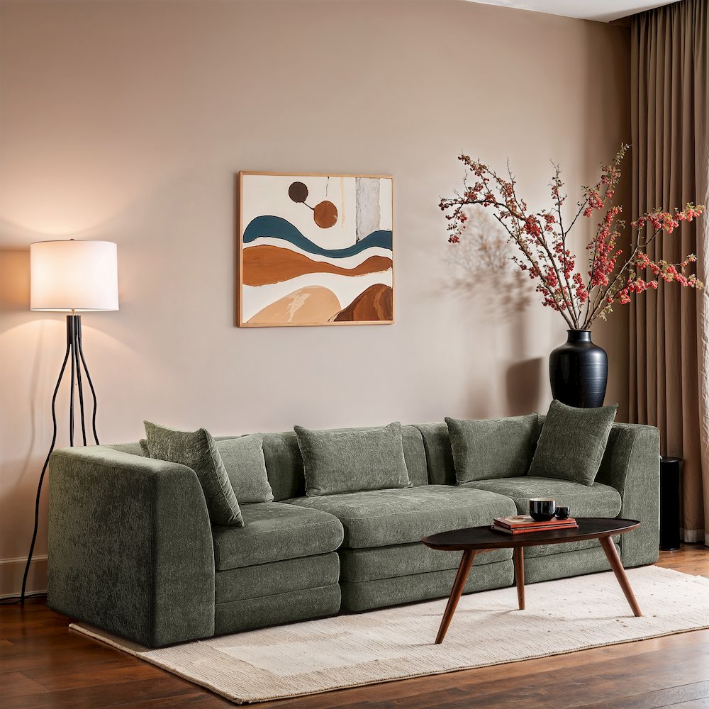 Stellar 114" Green Chenille Fabric Upholstered 3pc. Modular Sofa. Picture 7