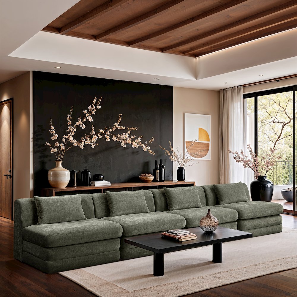 Stellar 152" Green Chenille Fabric Upholstered 4pc. Modular Sofa. Picture 7