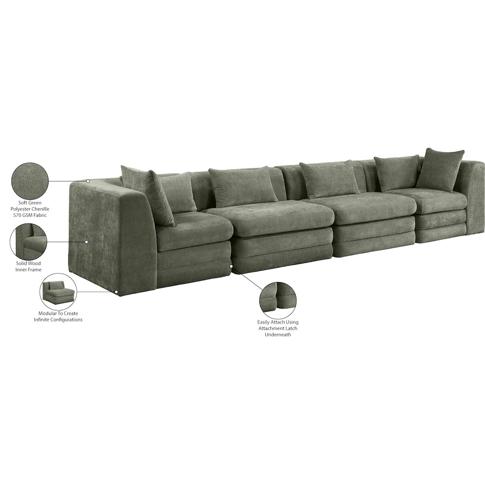 Stellar 152" Green Chenille Fabric Upholstered 4pc. Modular Sofa. Picture 9