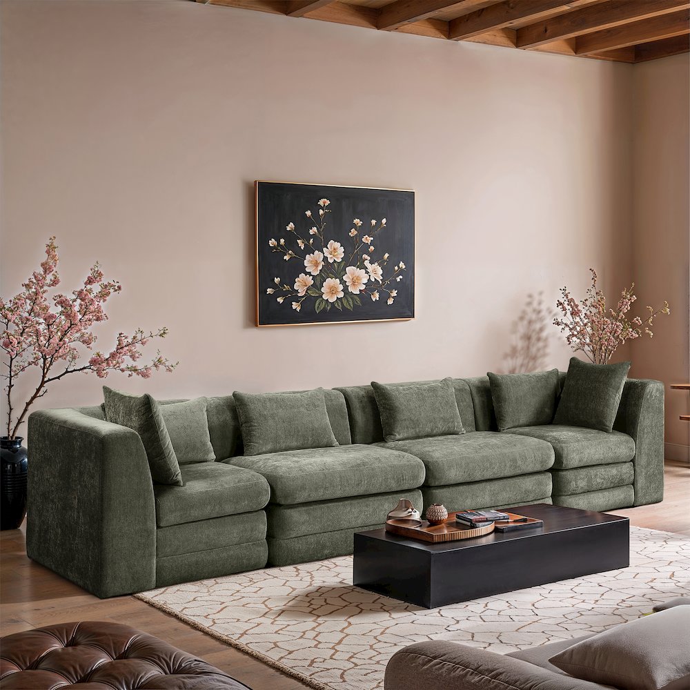 Stellar 152" Green Chenille Fabric Upholstered 4pc. Modular Sofa. Picture 7