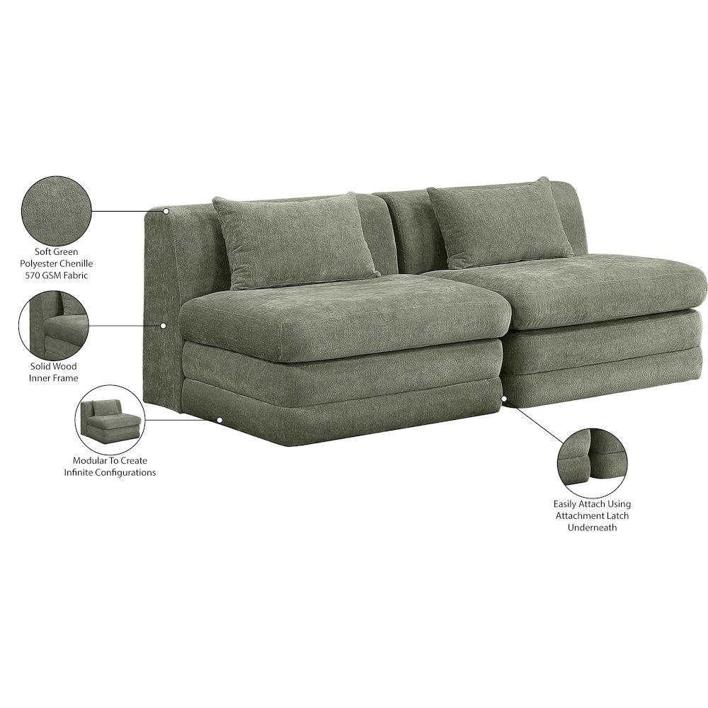 Stellar 76" Green Chenille Fabric Upholstered 2pc. Modular Loveseat. Picture 9