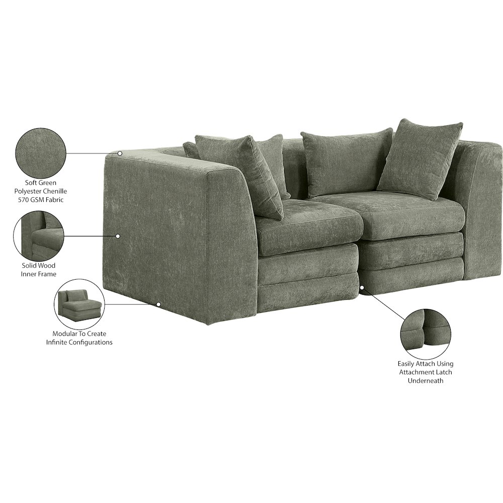 Stellar 76" Green Chenille Fabric Upholstered 2pc. Modular Loveseat. Picture 9