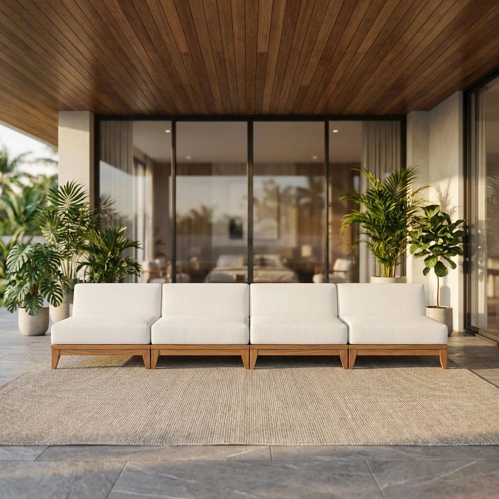White Fabric Outdoor Modular Sofa With Acacia Wood Finish And Contemporary Style. Picture 2