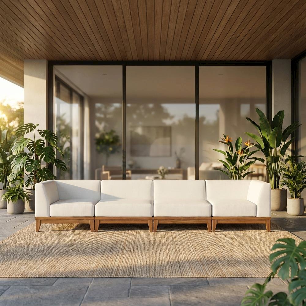 Contemporary White Fabric Outdoor Modular Sofa For Patio With Acacia Wood Finish. Picture 2