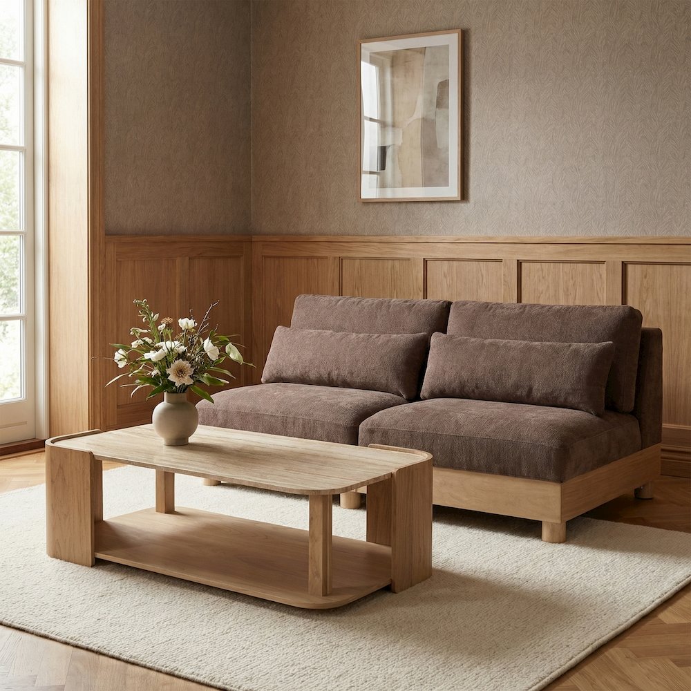 Turin 80" Brown Chenille Fabric Upholstered 2pc. Modular Loveseat. Picture 2