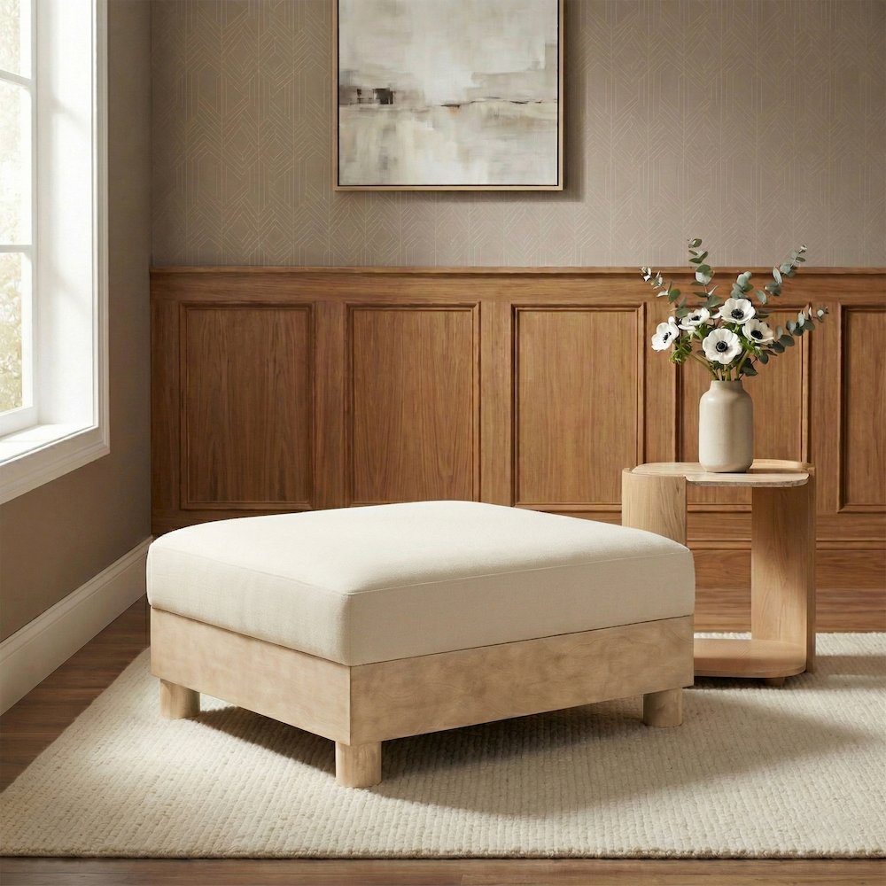 Turin Cream Chenille Fabric Upholstered Modular Ottoman. Picture 2