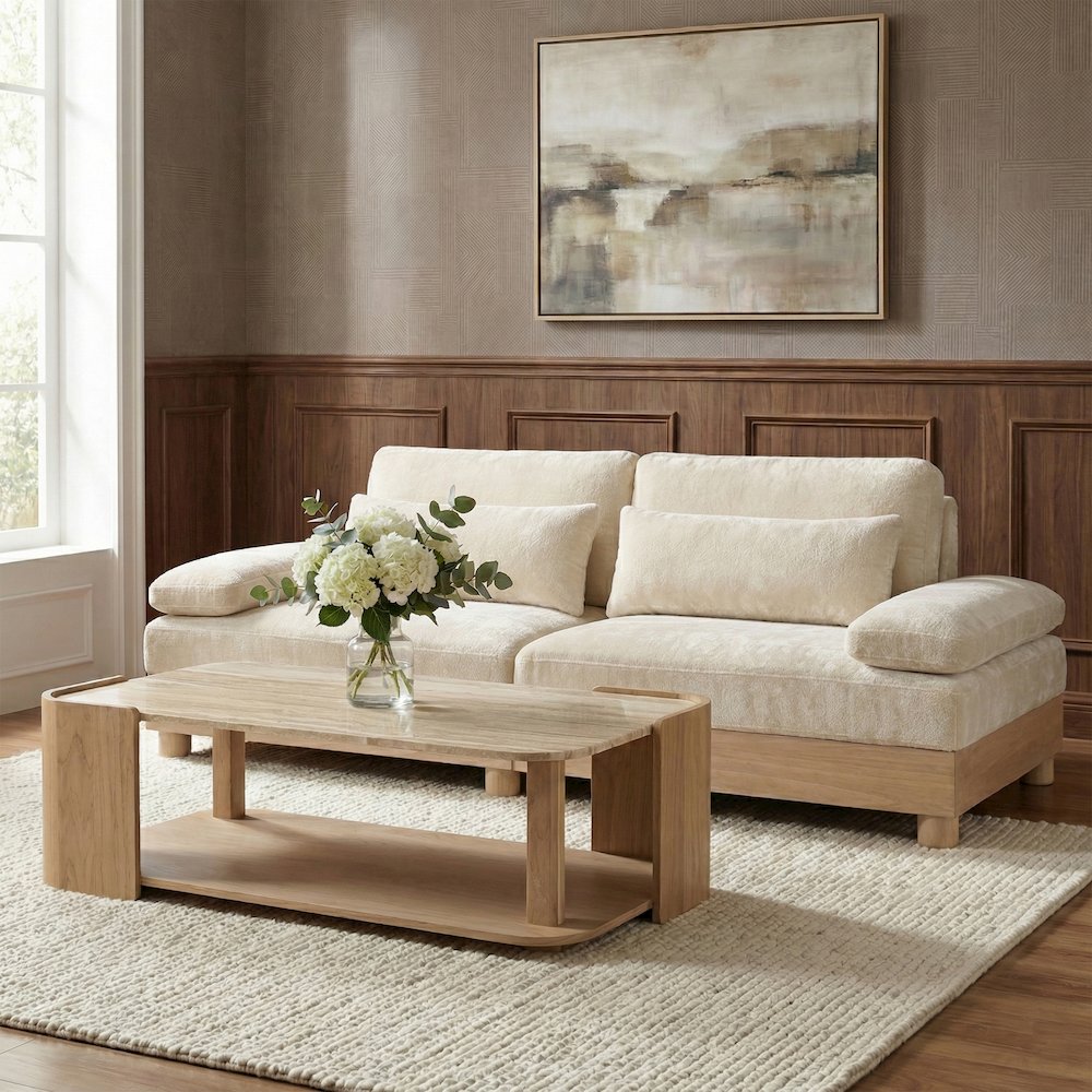 Turin 95.5" Cream Chenille Fabric Upholstered 2pc. Modular Loveseat. Picture 2