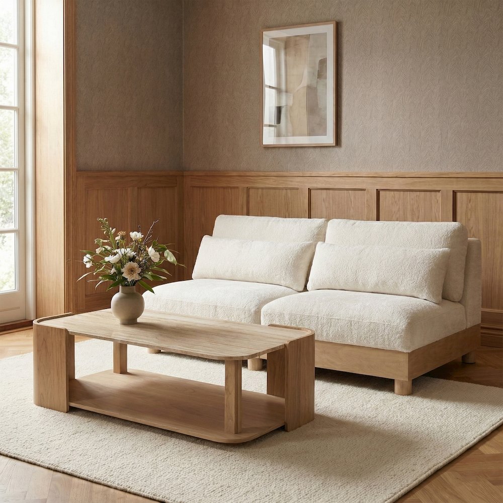 Turin 80" Cream Chenille Fabric Upholstered 2pc. Modular Loveseat. Picture 2