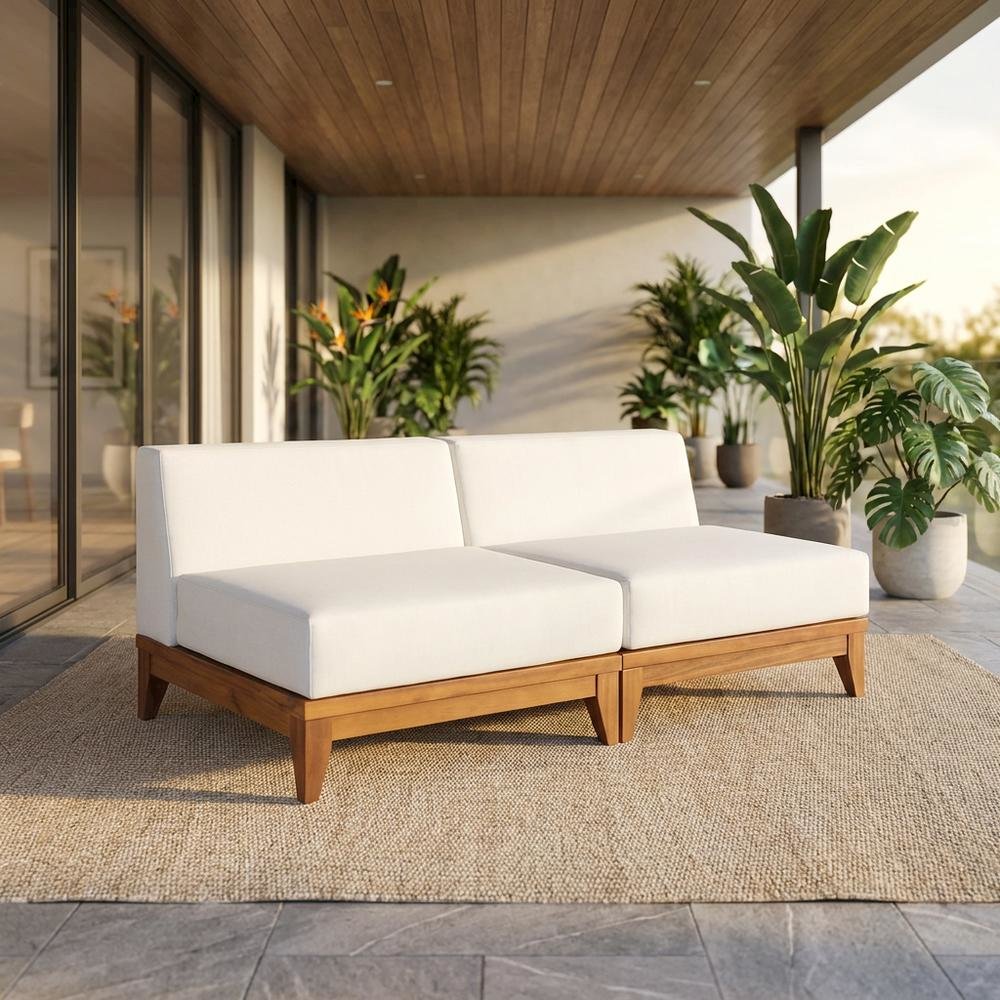 Contemporary White Fabric Outdoor Modular Sofa With Acacia Wood Finish. Picture 2
