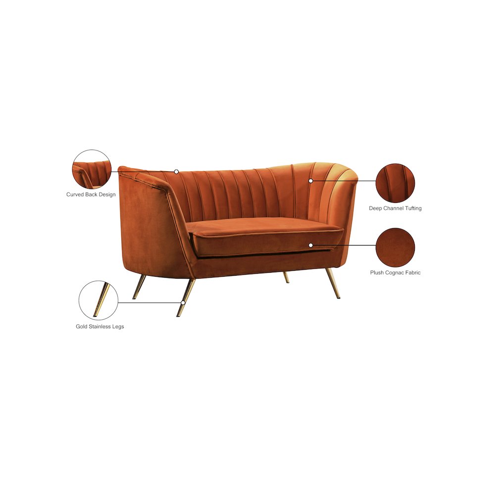 Margo Cognac Velvet Loveseat. Picture 6