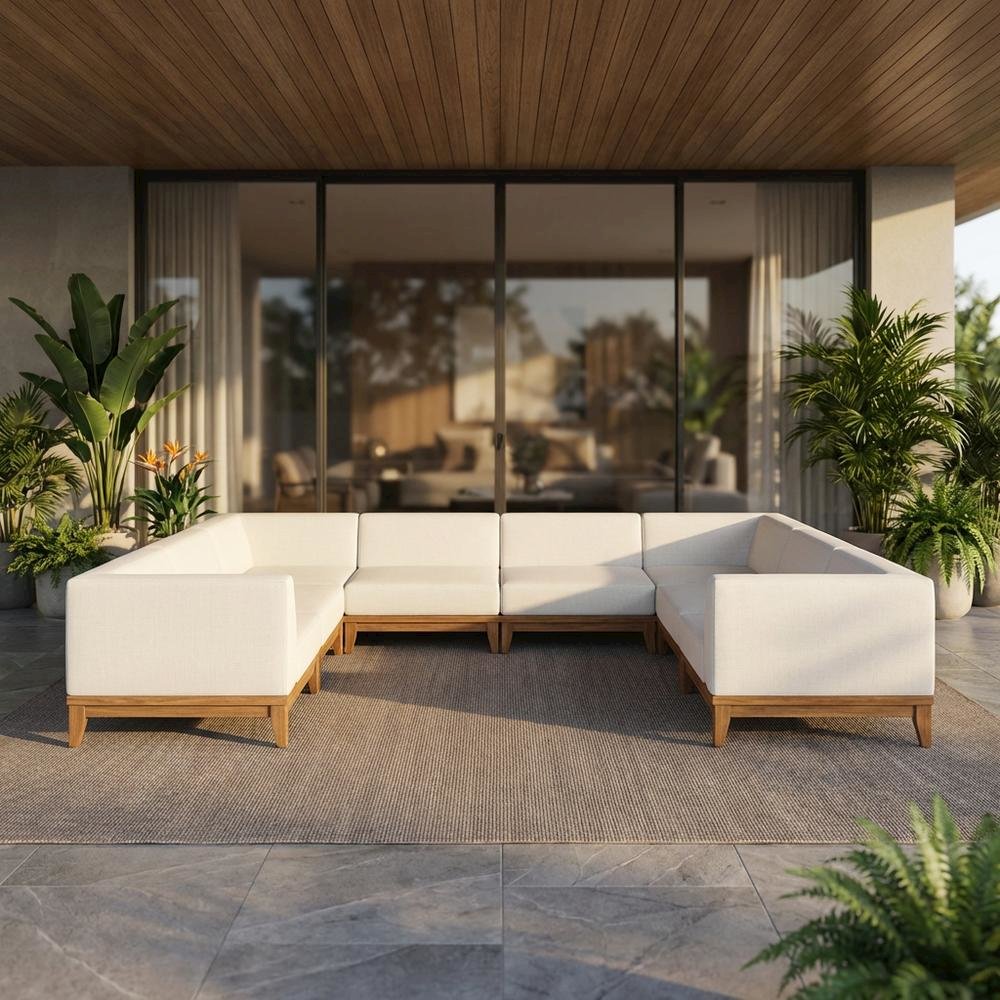 White Fabric Outdoor Patio Modular Sectional With Acacia Wood Finish. Picture 2
