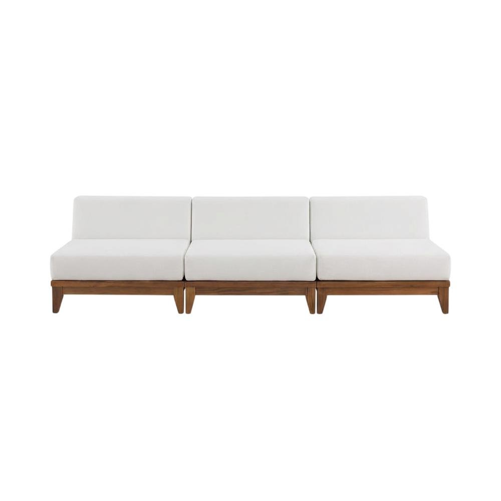 White Fabric Outdoor Patio Modular Sofa, Acacia Wood Finish, Contemporary Design. Picture 4
