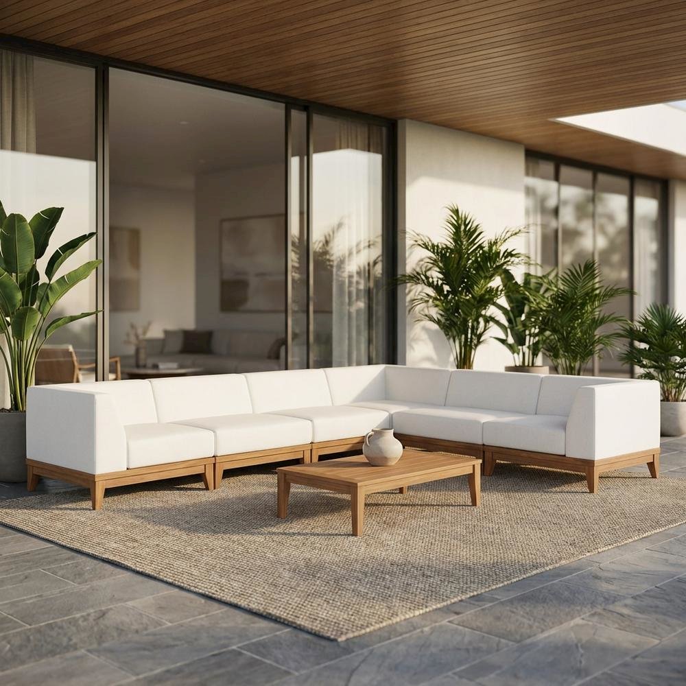 White Fabric Outdoor Patio Modular Sectional, Acacia Wood Finish, Contemporary. Picture 2
