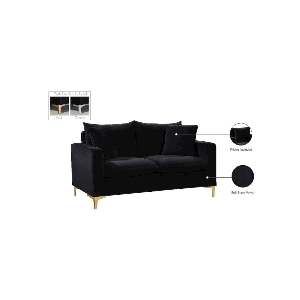 Naomi Black Velvet Loveseat. Picture 7