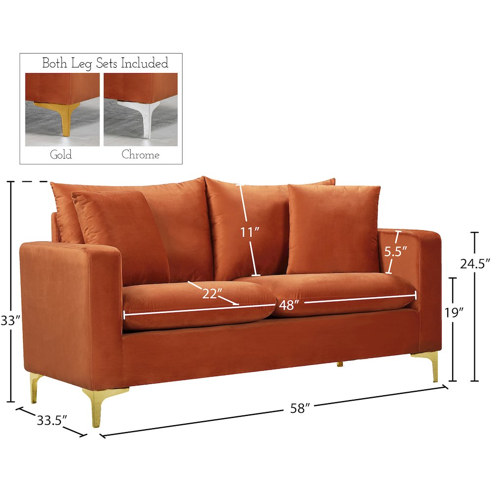 Naomi Cognac Velvet Loveseat. Picture 12