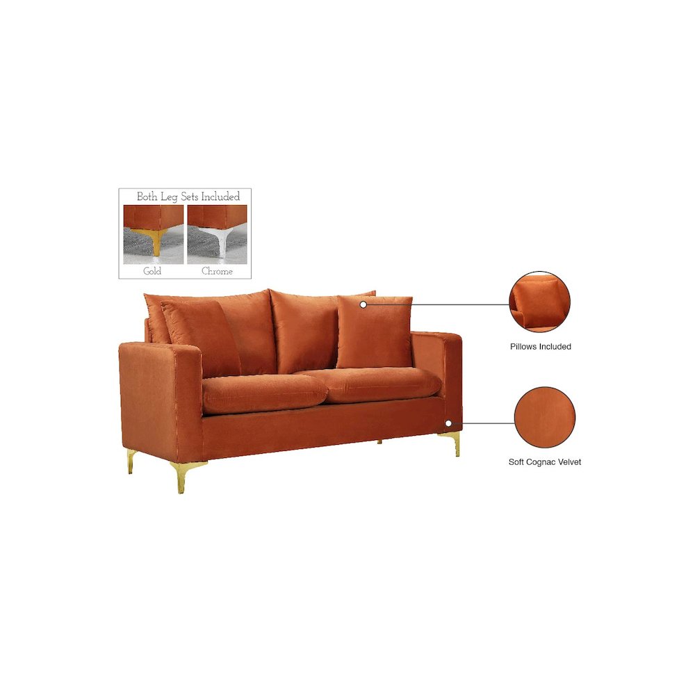 Naomi Cognac Velvet Loveseat. Picture 13