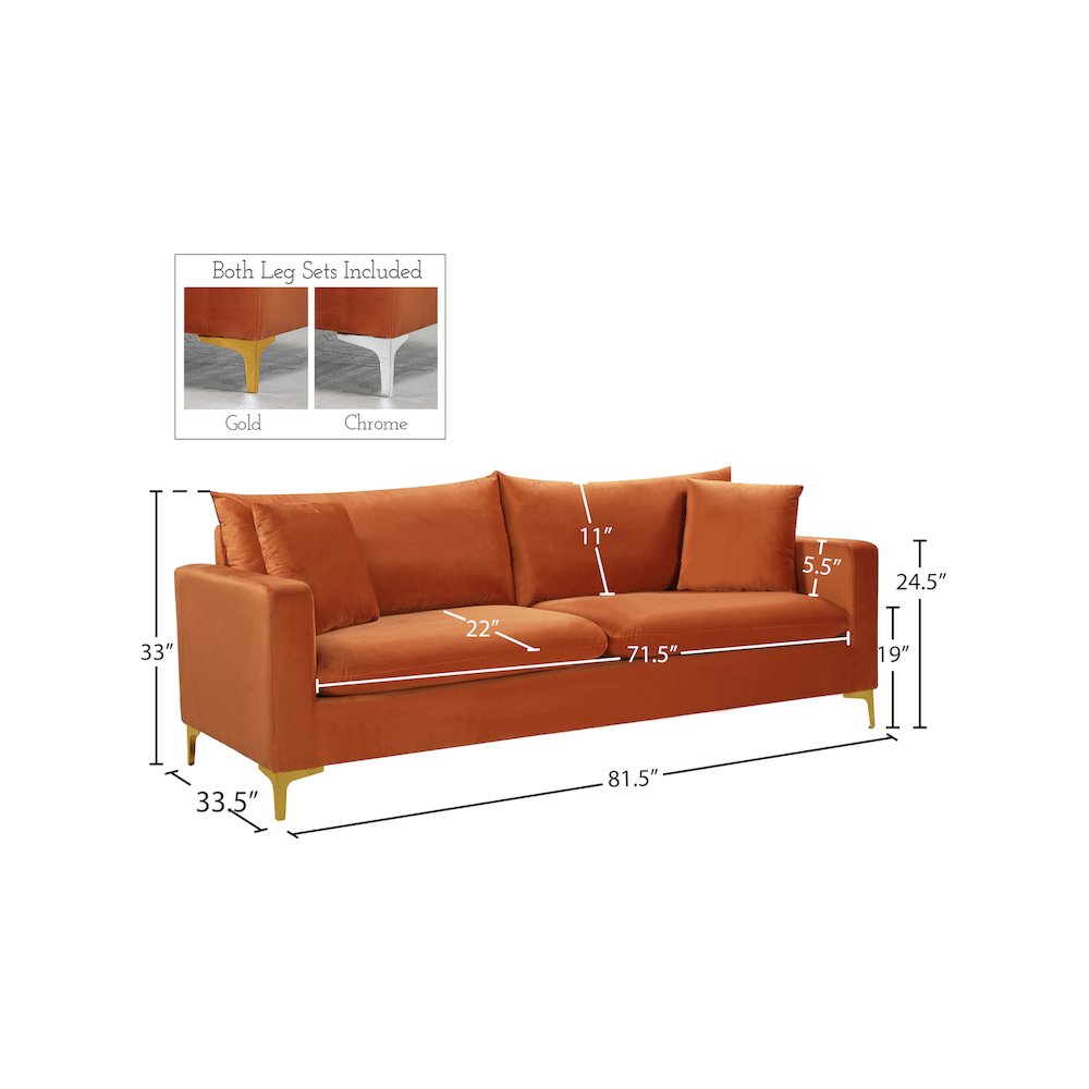 Naomi Cognac Velvet Sofa. Picture 12