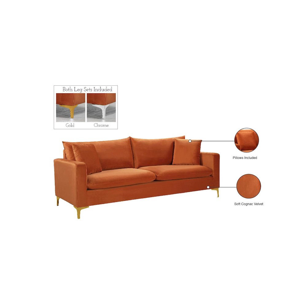 Naomi Cognac Velvet Sofa. Picture 13