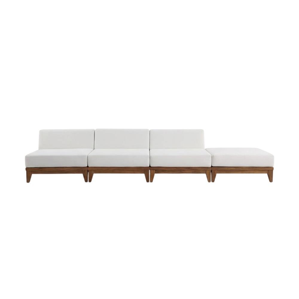White Fabric Outdoor Modular Sofa With Acacia Wood Finish And Contemporary Style. Picture 4