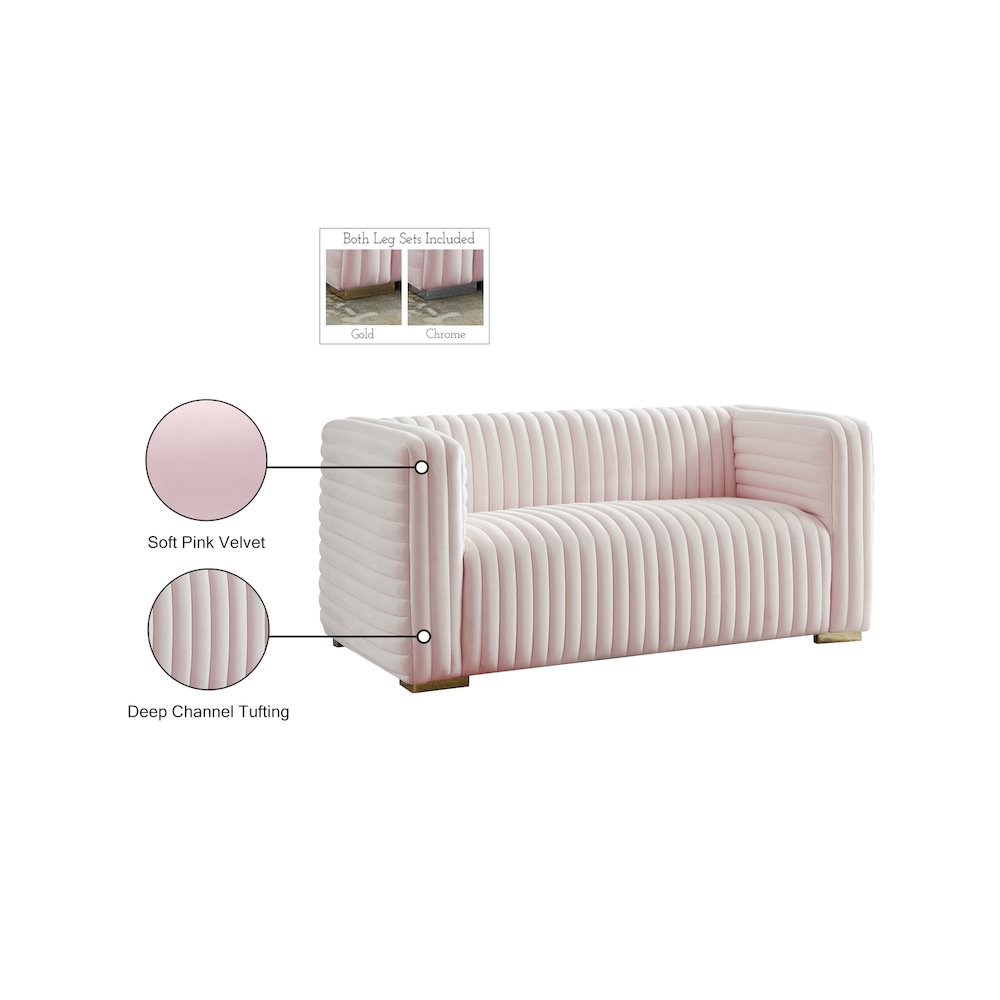 Ravish Pink Velvet Loveseat. Picture 17