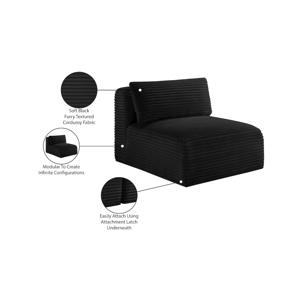 Shaggy Black Corduroy Performance Fabric Armless Chair. Picture 9