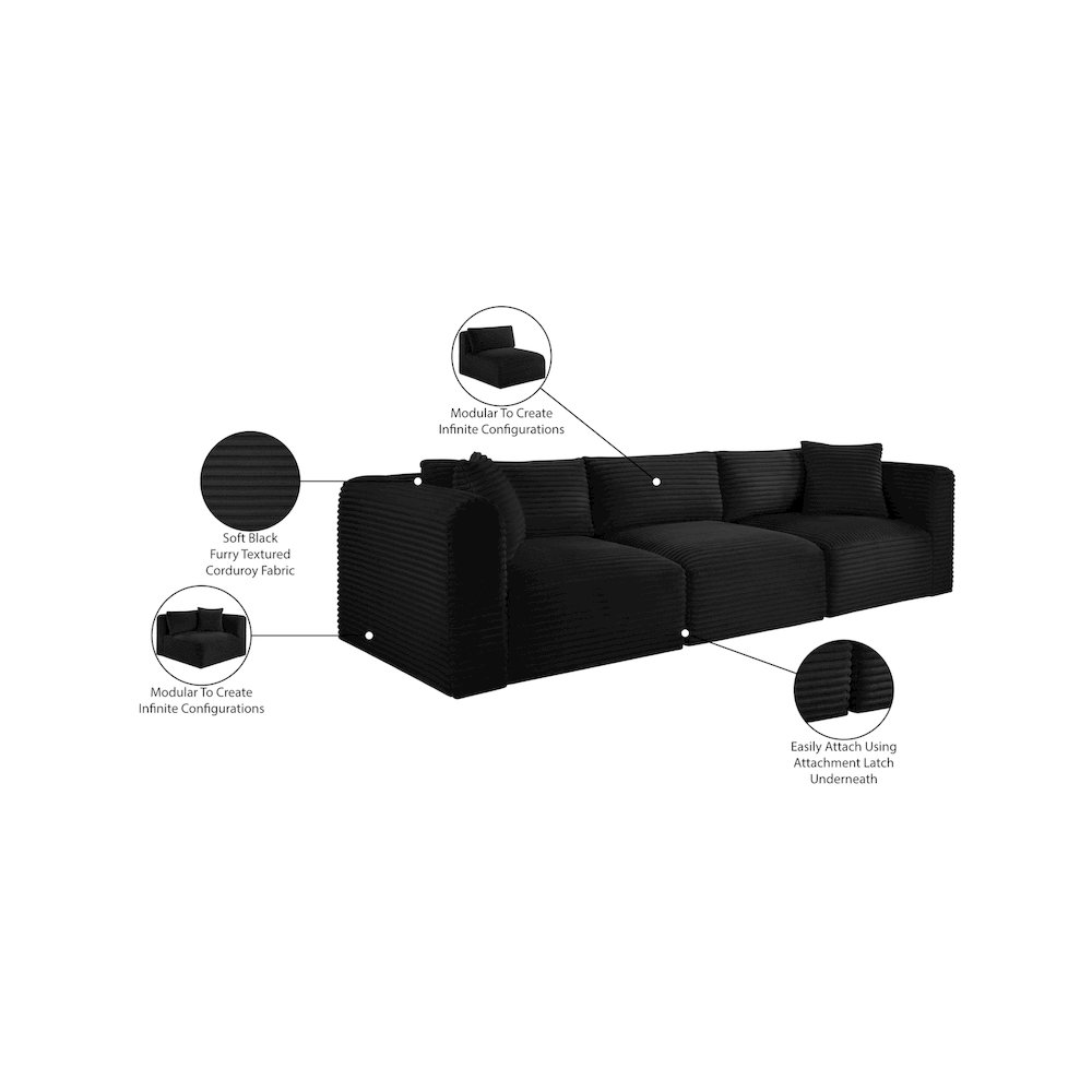 Shaggy Black Corduroy Performance Fabric Modular Sofa. Picture 11