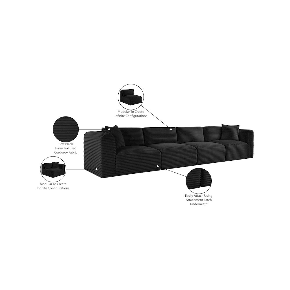 Shaggy Black Corduroy Performance Fabric Modular Sofa. Picture 11