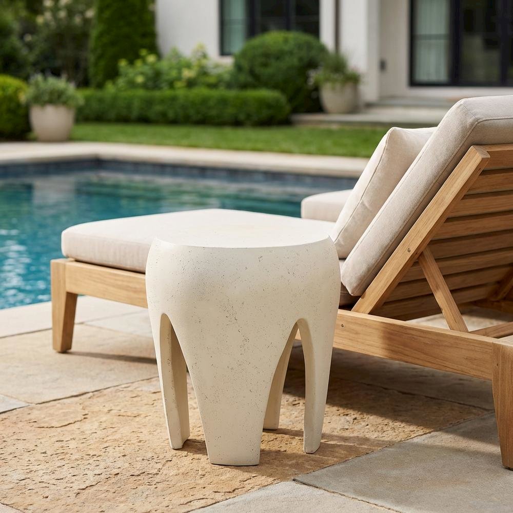 Cream Concrete and Fiberglass Indoor Outdoor End Table with Round Top. Picture 3