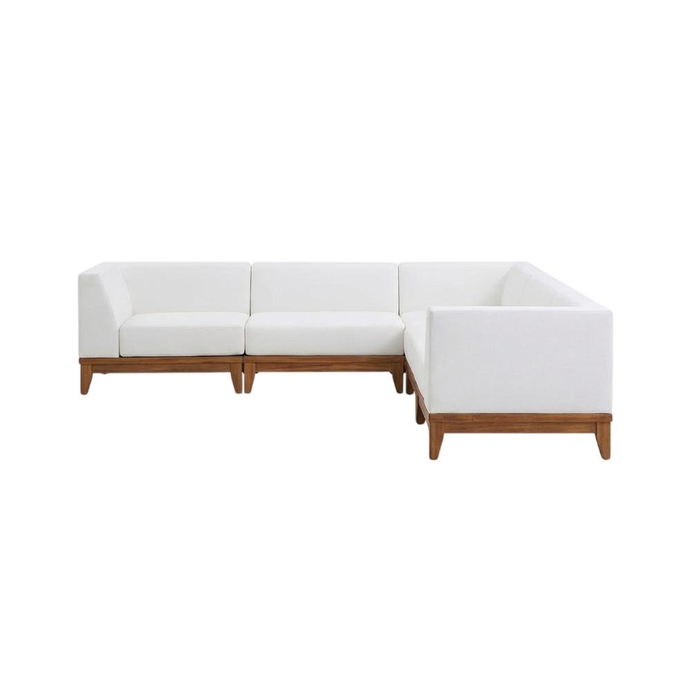 White Fabric Outdoor Patio Modular Sectional With Acacia Wood Finish. Picture 4
