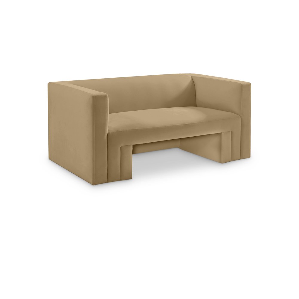 Henson Camel Velvet Loveseat. Picture 1