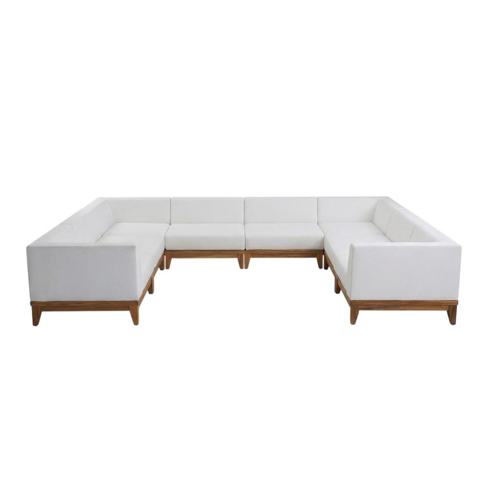 White Fabric Outdoor Patio Modular Sectional With Acacia Wood Finish. Picture 4