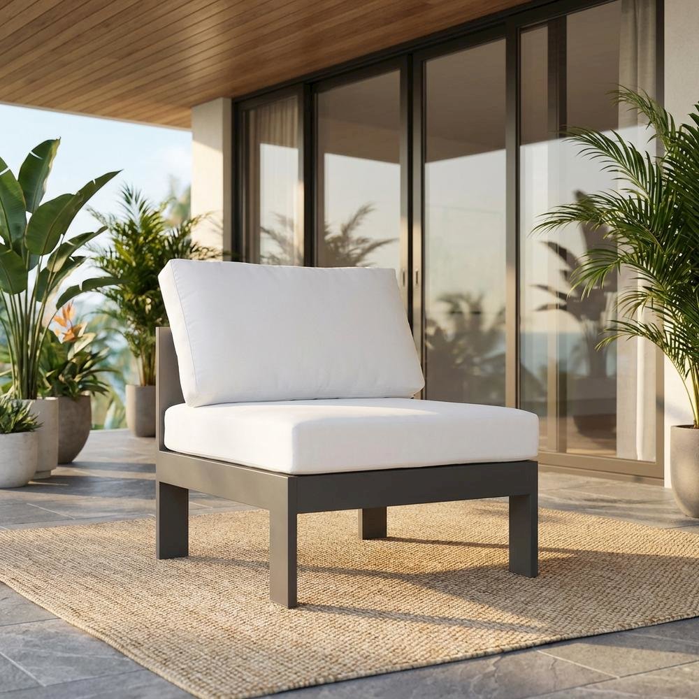 White Fabric Outdoor Patio Armless Chair, Aluminum Frame, Contemporary Style. Picture 2