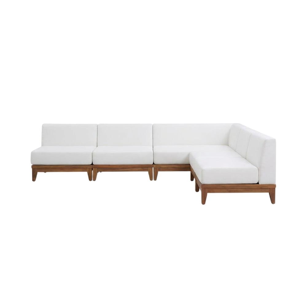 White Fabric Outdoor Patio Modular Sectional With Acacia Wood Finish. Picture 4